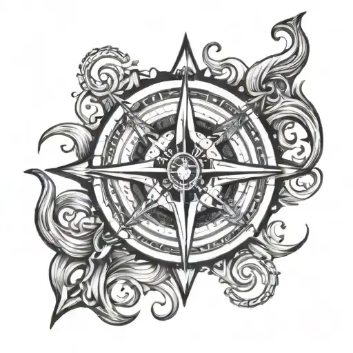 compass anchor surrounded by waves tattoo design idea