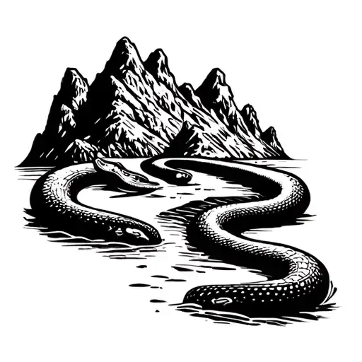 mountains with a stream that turns to a dessert and the stream turns into a snake tattoo design idea