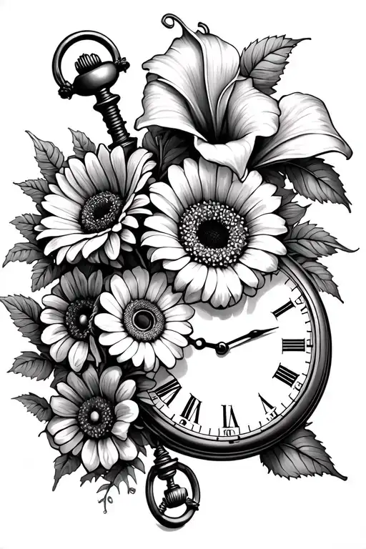 calla lily, gerbera daisy, roses, bluebonnet, daisies, carnations, forget me not flowers, sunflowers, old pocket watch tattoo design idea