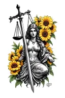 Lady justice with scales and sword with black eyed susans behind her head tattoo design idea