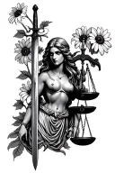 Lady justice with scales and sword with black eyed susans behind her head tattoo design idea