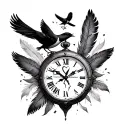 warn clock, birds from feathers, broken heart in the clock, "Can’t change the weather, might not be forever" tattoo design idea