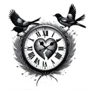 warn clock, birds from feathers, broken heart in the clock, "Can’t change the weather, might not be forever" tattoo design idea