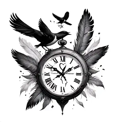 warn clock, birds from feathers, broken heart in the clock, "Can’t change the weather, might not be forever" tattoo design idea