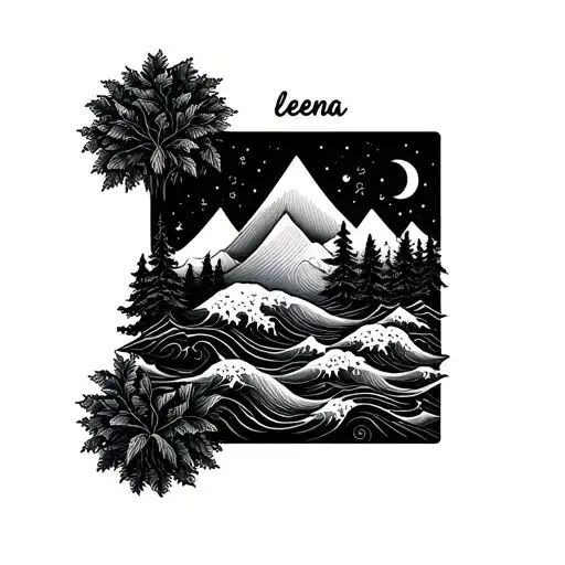 a minimal line tattoo that spells leena and has mountain, sea waves, forest, and sun and moon tattoo design idea