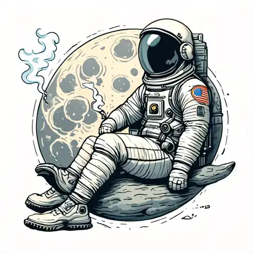 The astronaut sits on the moon and smokes tattoo design idea