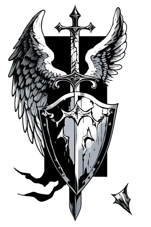 An angel wing and devil wing with a broken sword and Shield in the middle tattoo design idea