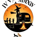 "IV V MMXIV" silhouette of busty sexy witch bride on broomstick over a campsite with a trailer and campfire with children & dog tattoo design idea