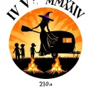 "IV V MMXIV" silhouette of busty sexy witch bride on broomstick over a campsite with a trailer and campfire with children & dog tattoo design idea