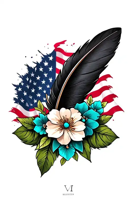 feathers top and bottom with american flag and black and turquoise western jewelry, flowers, with , with green leaves tattoo design idea