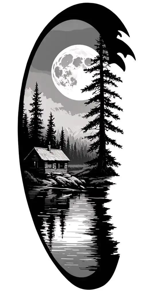 moon over Forest skyline, a frame cabin on lake tattoo design idea
