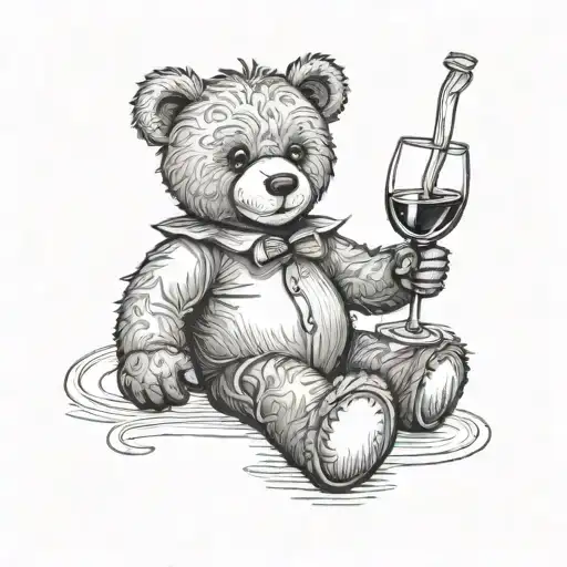 teddy bear holding a glass of wine tattoo design idea