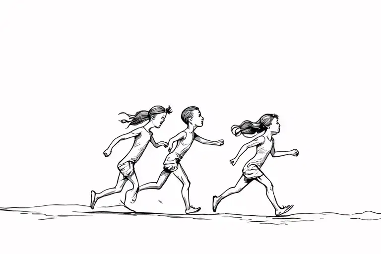 silouhette of 2 brothers and 1 little sister running and playing towards the right  tattoo design idea