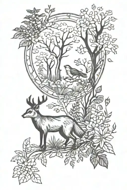 woodland scene with animals and greenery and flowers, witchy vibes and goddess vibes, more sparse design tattoo design idea
