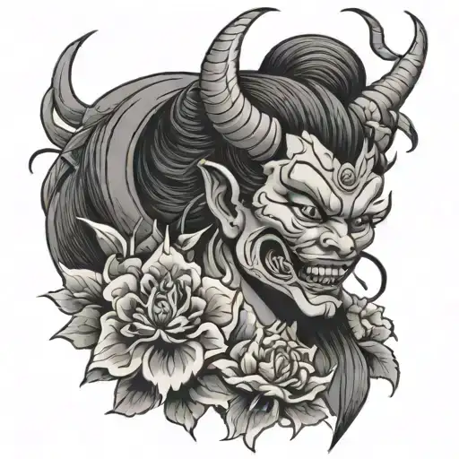Japanese oni demon girl with flowers blooming tattoo design idea
