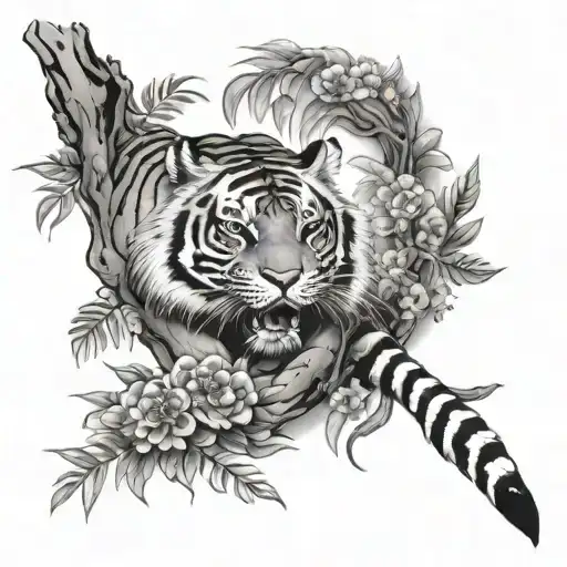 acacia tree with tiger and koi  tattoo design idea