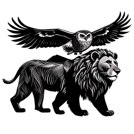 a bear and a lion walking while an owl flies above them tattoo design idea