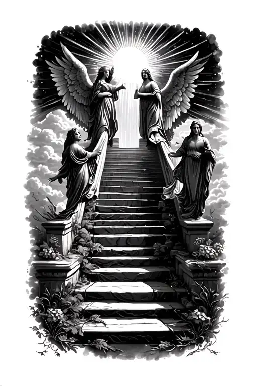 stairway to heaven walking up stairs angels sun rays clouds heaven gate at the top of the stairs  tattoo design idea