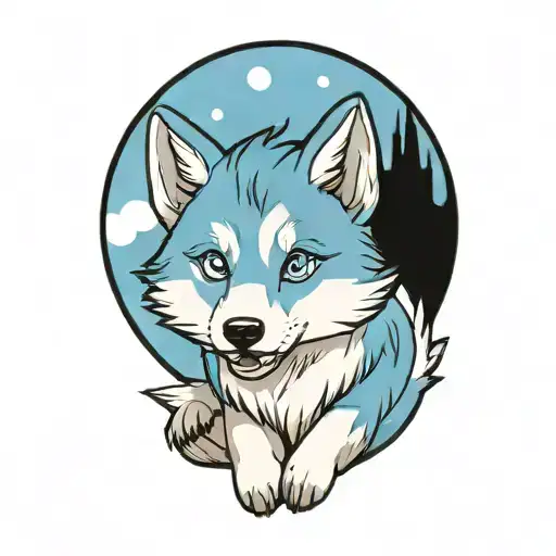 happy wolf puppy with blue eyes surrounded tattoo design idea