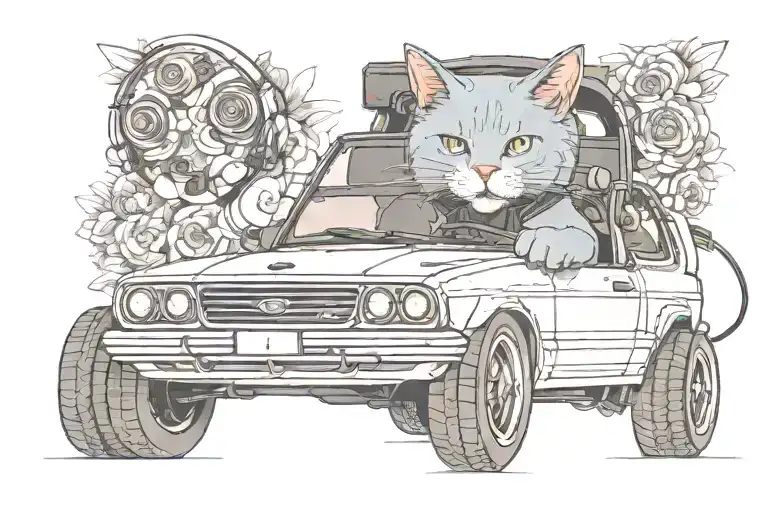 A Russian blue cat wearing headphones and driving a ford XR8 car tattoo design idea