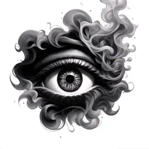 A realistic black and grey tattoo design of a third eye surrounded by soft smoke, centered for throat placement. The eye tattoo design idea