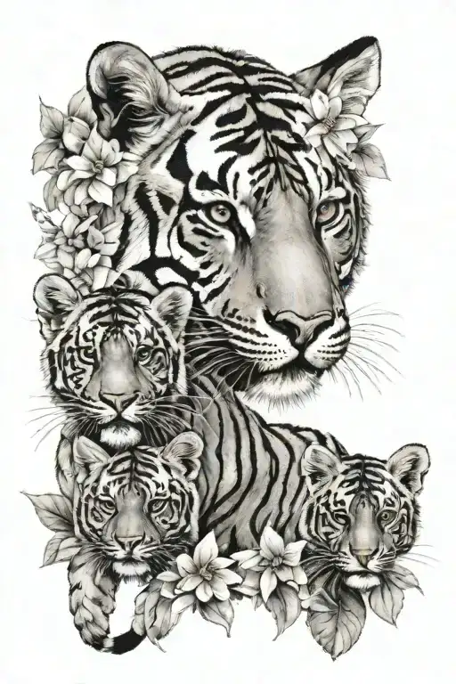 tigress with two cubs and flowers tattoo design idea