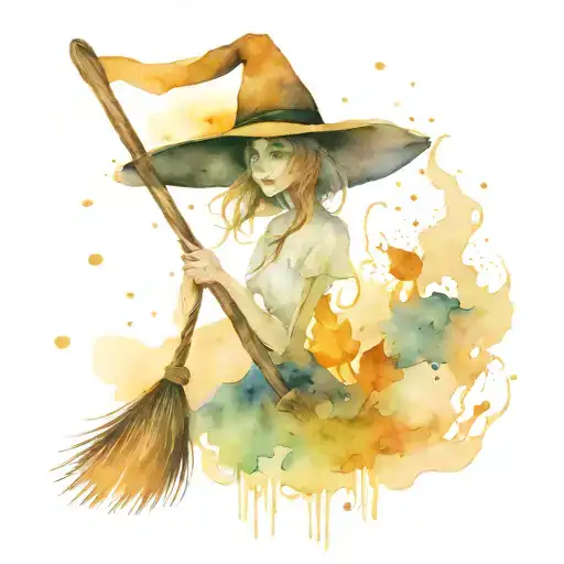 witch hat and broom stick flying tattoo design idea