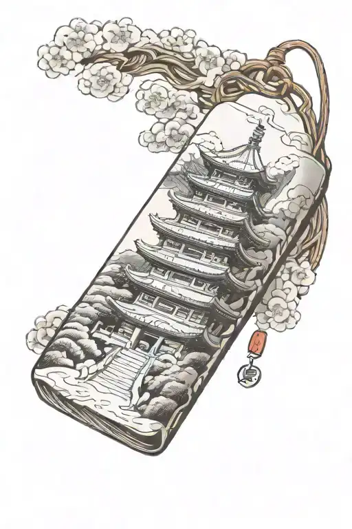 the tip of a japanese pagoda perspective  third dimension coming out from emtpy blank white rectangular omamori tattoo design idea