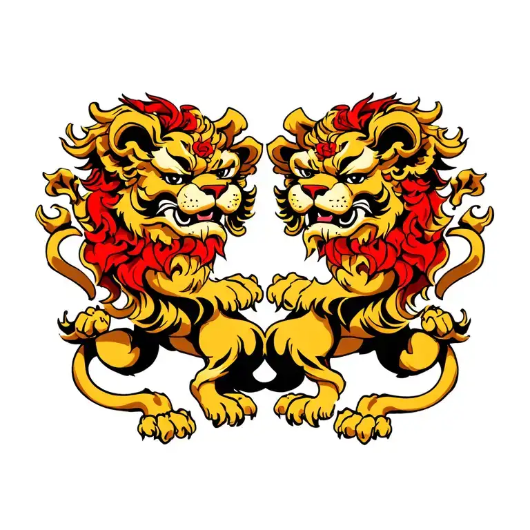 A Japanese tattoo traditional Irezumi style of a couple of lions (komainu), tattoo design idea