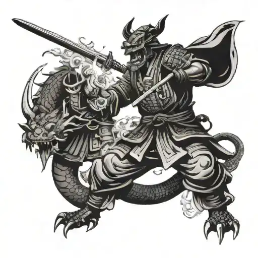 samurai fighting a dragon breathing fire tattoo design idea