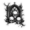 skulls with gothic window and graveyard filled tattoo design idea