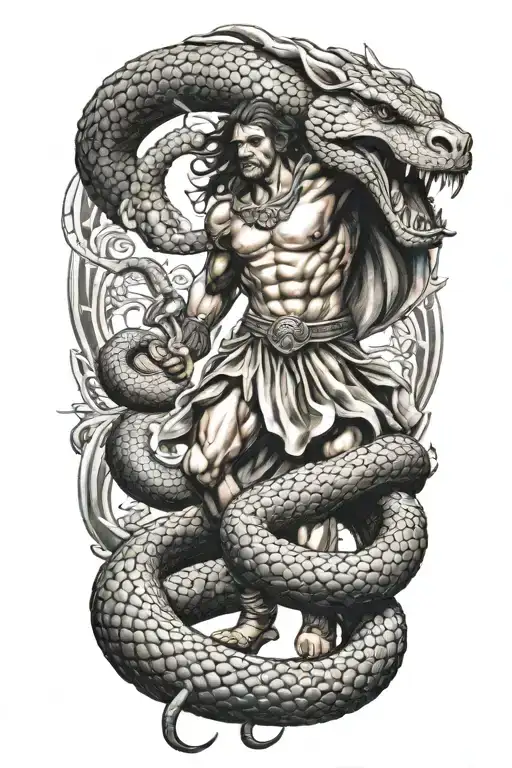 greek warrior fighting a snake tattoo design idea