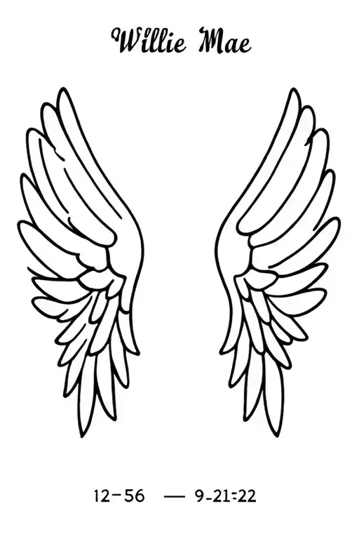 "Willie Mae 1-2-56 • 9-21-22" Angel Wings tattoo design idea