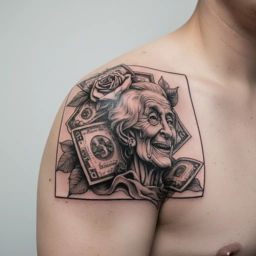 money and rip grandma tattoo design idea