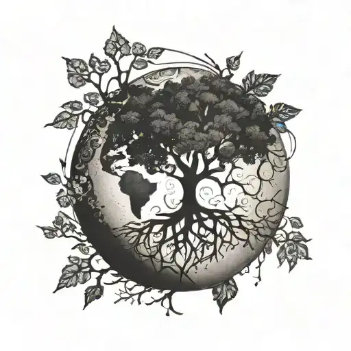 Family tree with branches reaching across the globe, roots in Mississippi soil, and a social worker symbol hidden in the leaves tattoo design idea
