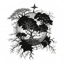 Family tree with branches reaching across the globe, roots in Mississippi soil, and a social worker symbol hidden in the leaves tattoo design idea
