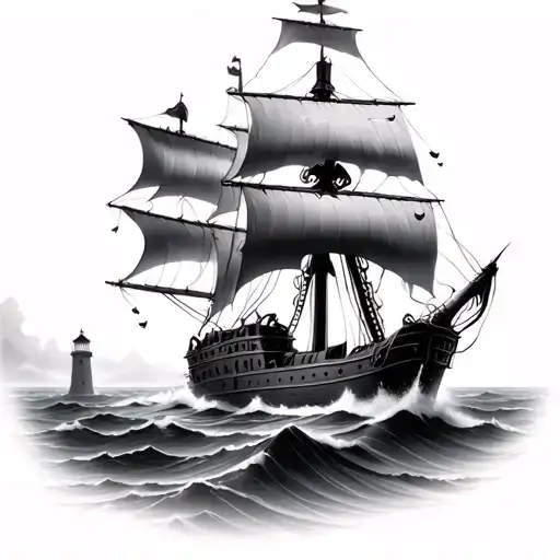 realistic battered pirate ship sailing through stormy sea guided by a faint lighthouse  tattoo design idea