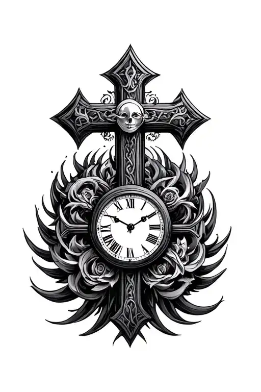 Bayzantine cross with Clock face surrounded tattoo design idea