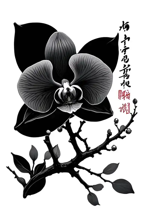 minimalist orchid with Korean calligraphy at the ends of the branch  tattoo design idea