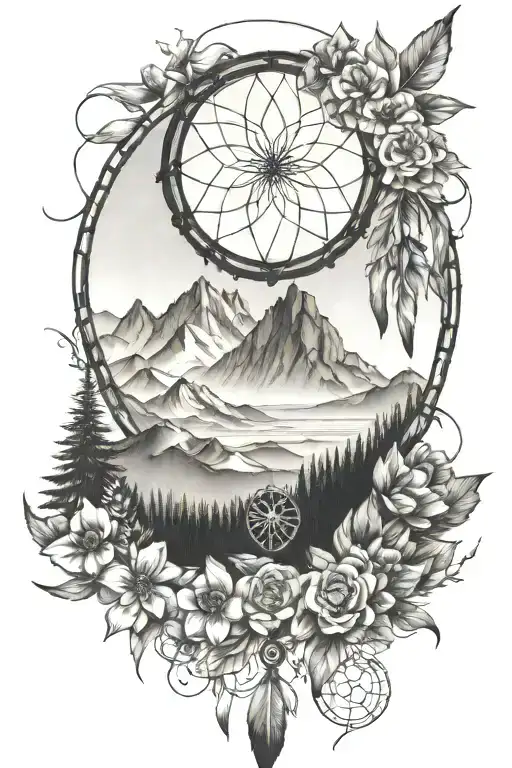 dream catcher, mountain landscape,flowers tattoo design idea