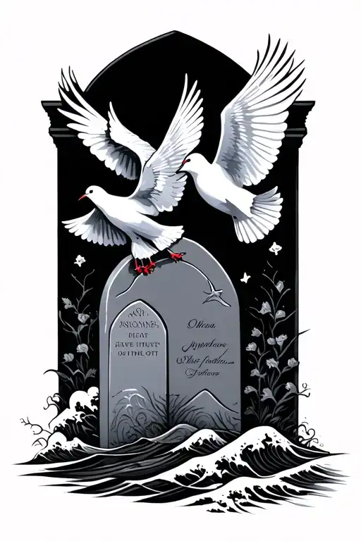 grave stones with doves plus a wave underneath tattoo design idea
