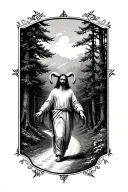 Agnus Dei walking down a road winding through a forest tattoo design idea