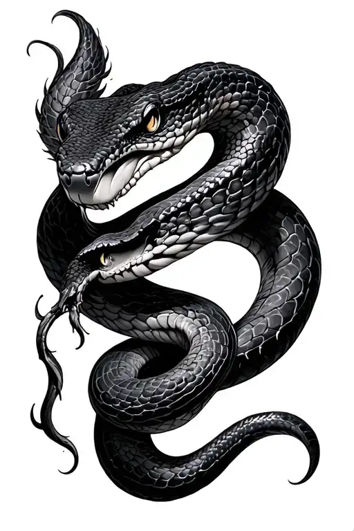 Black and gray tattoo of a snake shedding its skin, coiled along the forearm. Realistic style with blackwork details. tattoo design idea