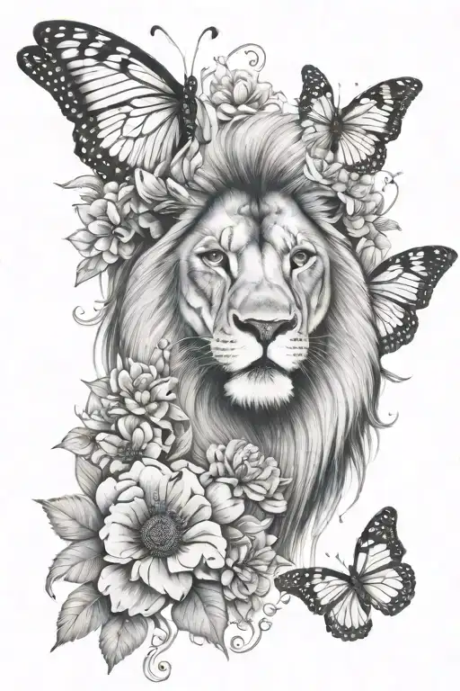 lion butterfly flowers tattoo design idea