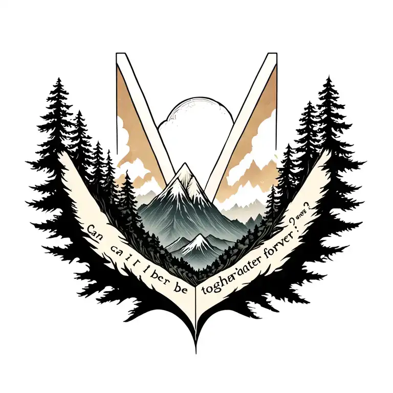V shaped tattoo with some montain and tree desighn and this writting in middle of V (can i be toghater forever?) tattoo design idea