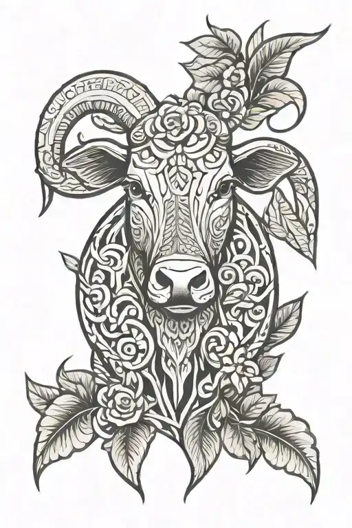 ox zodiac symbol, small rose leaves tribal tattoo design idea