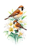 2 sparrows and field of lilies tattoo design idea