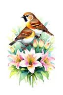 2 sparrows and field of lilies tattoo design idea