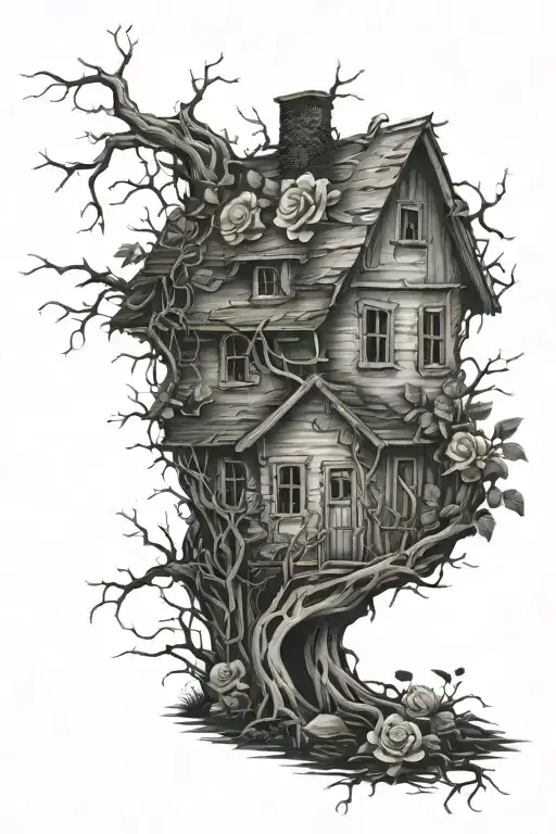 abandoned house covered with roots and roses tattoo design idea
