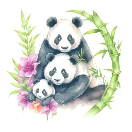 panda with two cubs in bamboo tattoo design idea